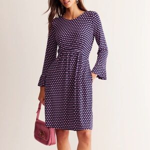 Boden Flute Sleeve Printed Jersey Dress Maternity Friendly Navy Pink Sz 4